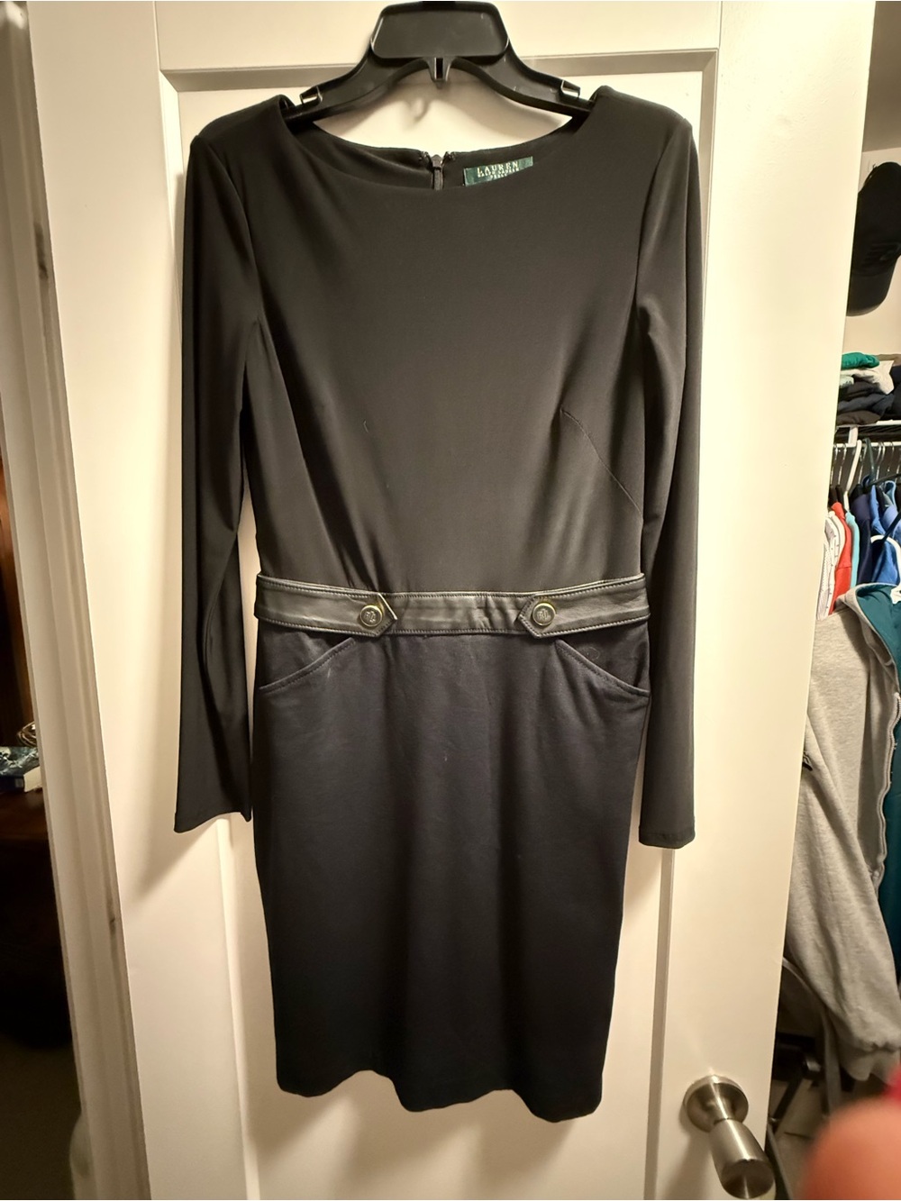 Ralph Lauren Black Long-Sleeve Sheath Dress with Faux-Leather Waist Trim